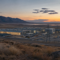 Cinematic view of a large data center campus and power infrastructure in an arid Utah landscape at dusk.