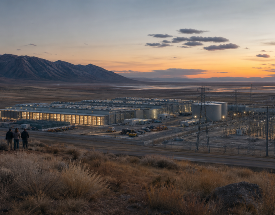 Cinematic view of a large data center campus and power infrastructure in an arid Utah landscape at dusk.