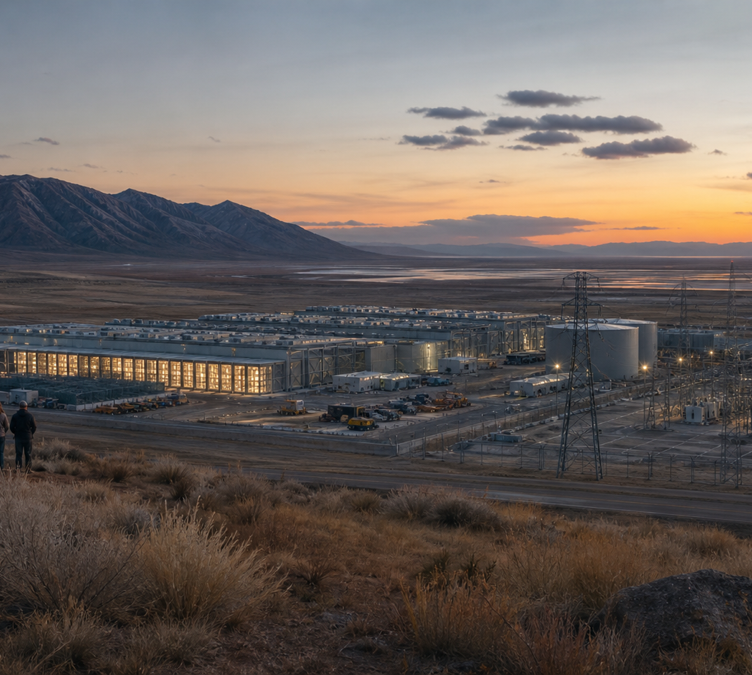 Cinematic view of a large data center campus and power infrastructure in an arid Utah landscape at dusk.