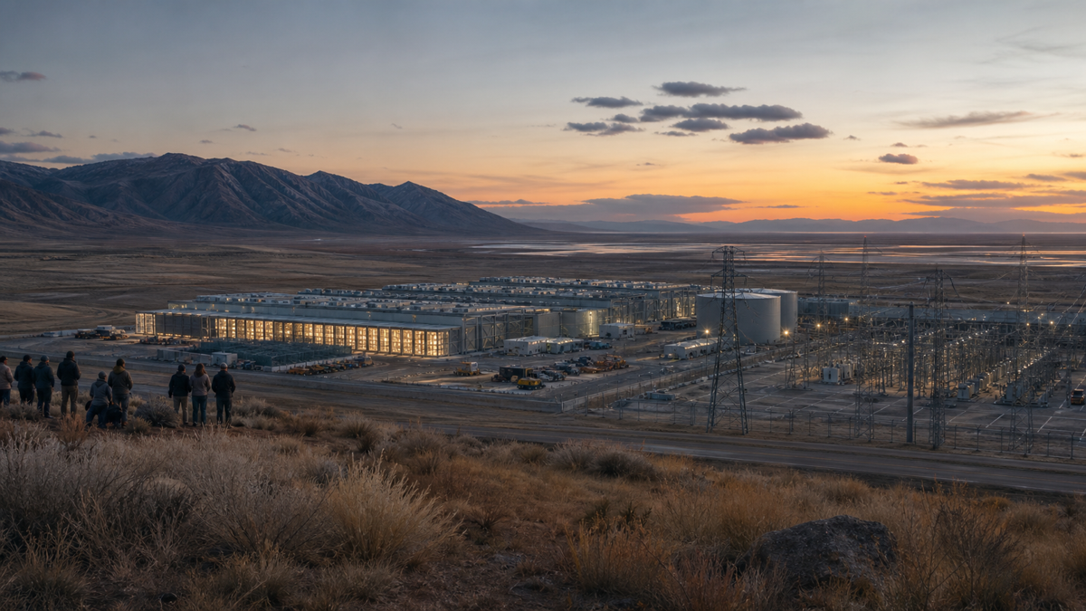 Cinematic view of a large data center campus and power infrastructure in an arid Utah landscape at dusk.