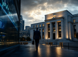 Cinematic view of a central bank building and financial market reflections at dusk.