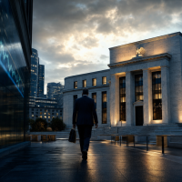 Cinematic view of a central bank building and financial market reflections at dusk.