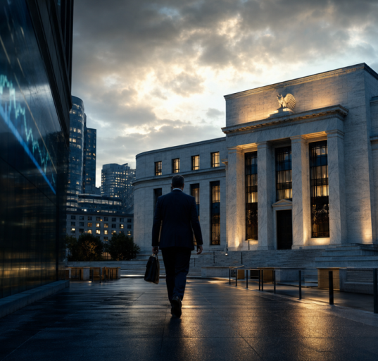 Cinematic view of a central bank building and financial market reflections at dusk.