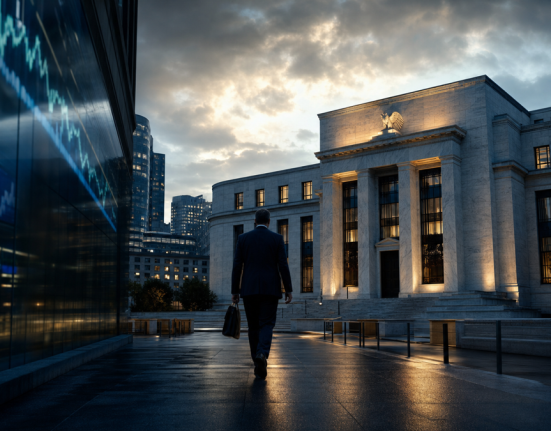 Cinematic view of a central bank building and financial market reflections at dusk.