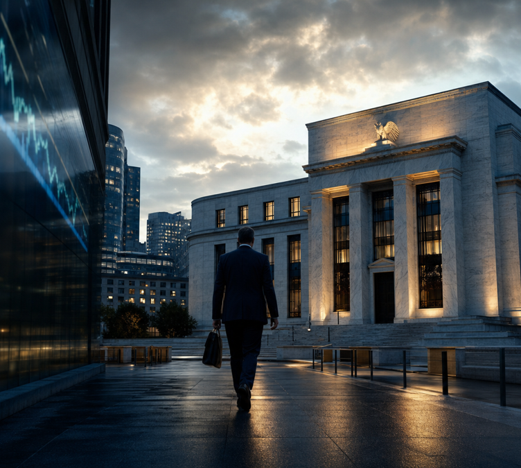 Cinematic view of a central bank building and financial market reflections at dusk.
