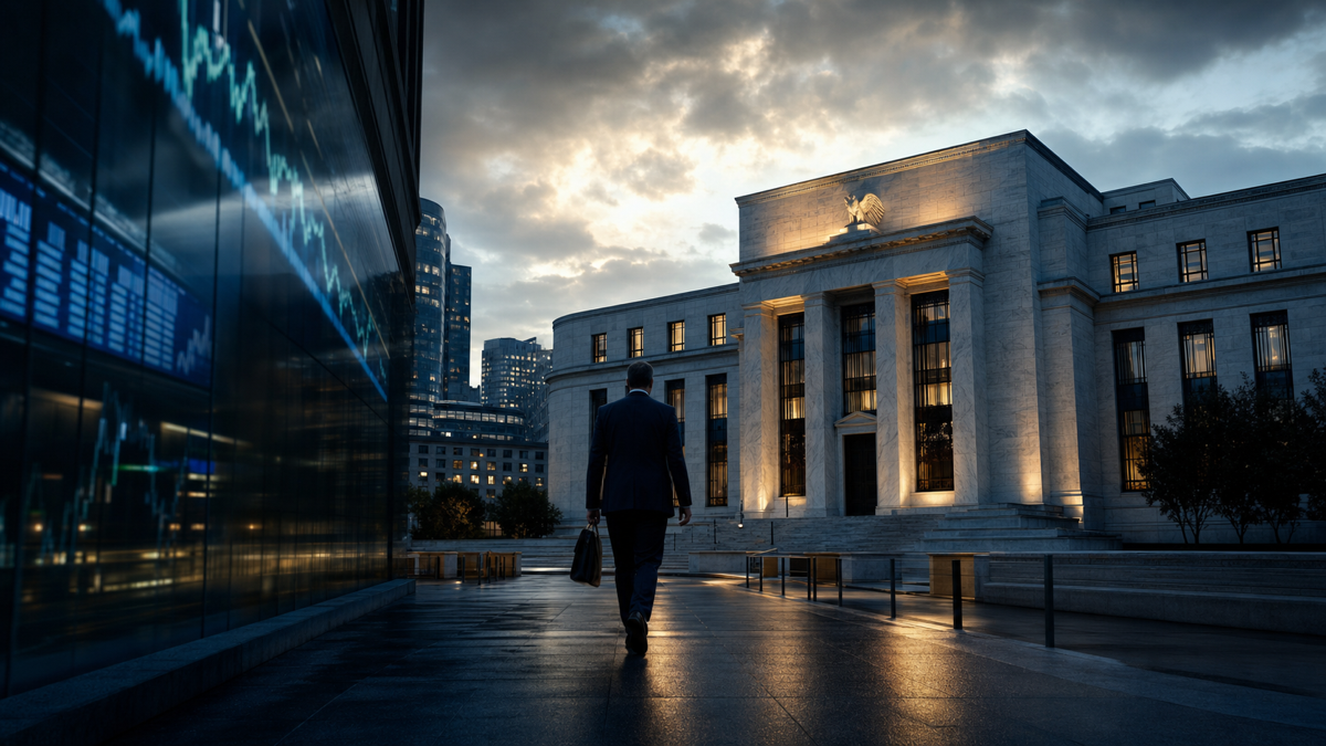 Cinematic view of a central bank building and financial market reflections at dusk.